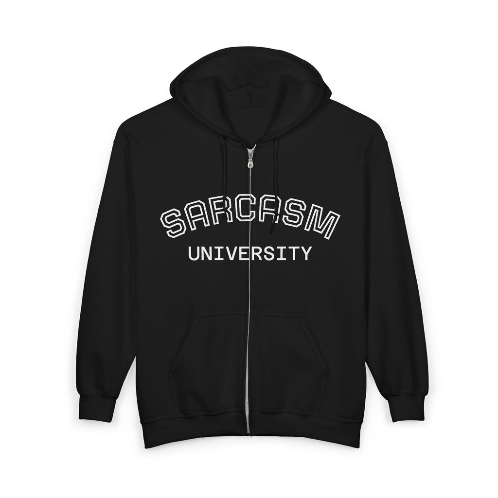 Sarcasm University Zip Hoodie — Funny College Style Full-Zip Sweatshirt