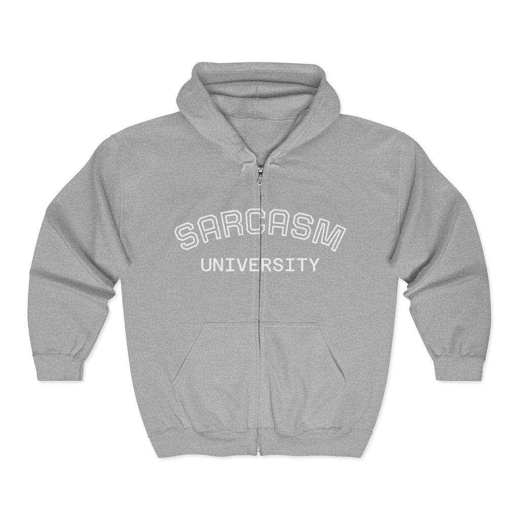 Sarcasm University Zip Hoodie — Funny College Style Full-Zip Sweatshirt