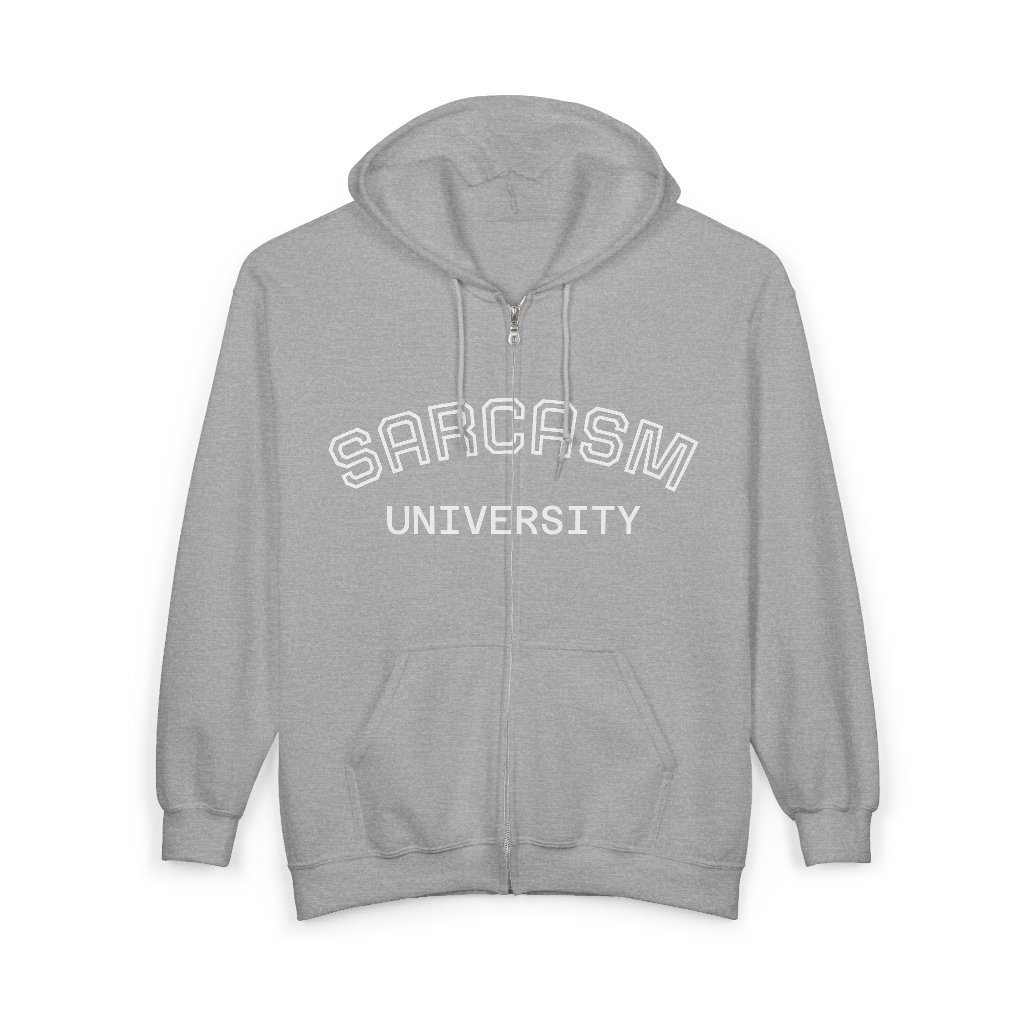 Sarcasm University Zip Hoodie — Funny College Style Full-Zip Sweatshirt