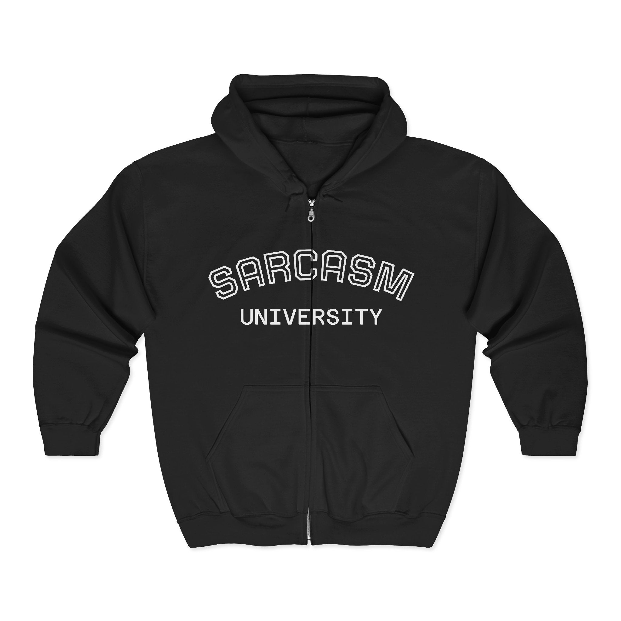 Sarcasm University Zip Hoodie — Funny College Style Full-Zip Sweatshirt